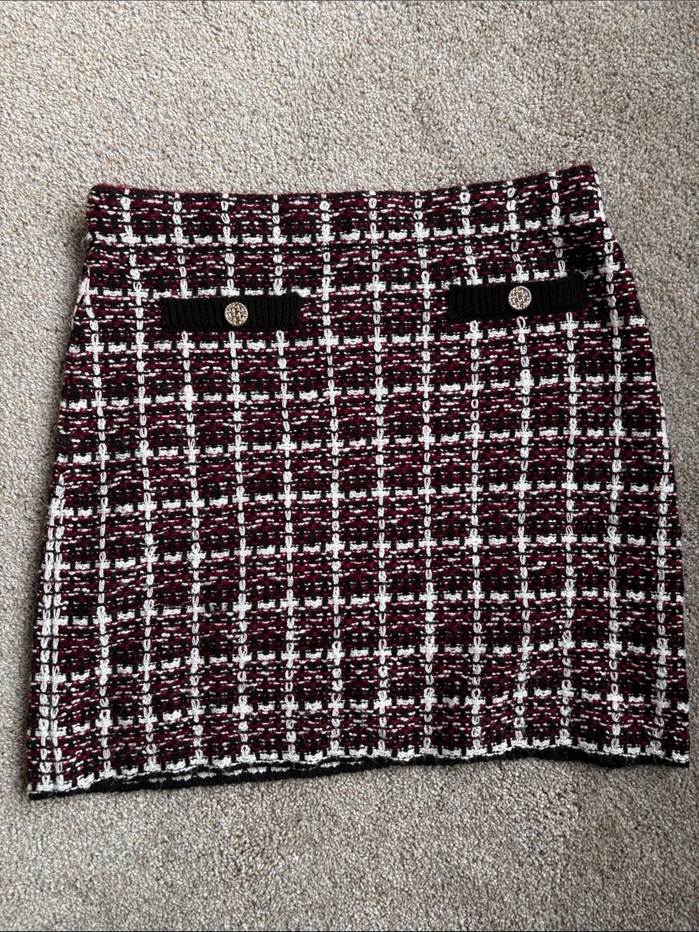 Plaid Tweed Mini Skirt in Burgundy and White